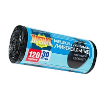 Мешки для мусора 120 л, с ушками, черные, в рулоне 30 шт., ПНД, 15 мкм, 1100х700 мм, Крепак, 4607075710375 в Сургуте